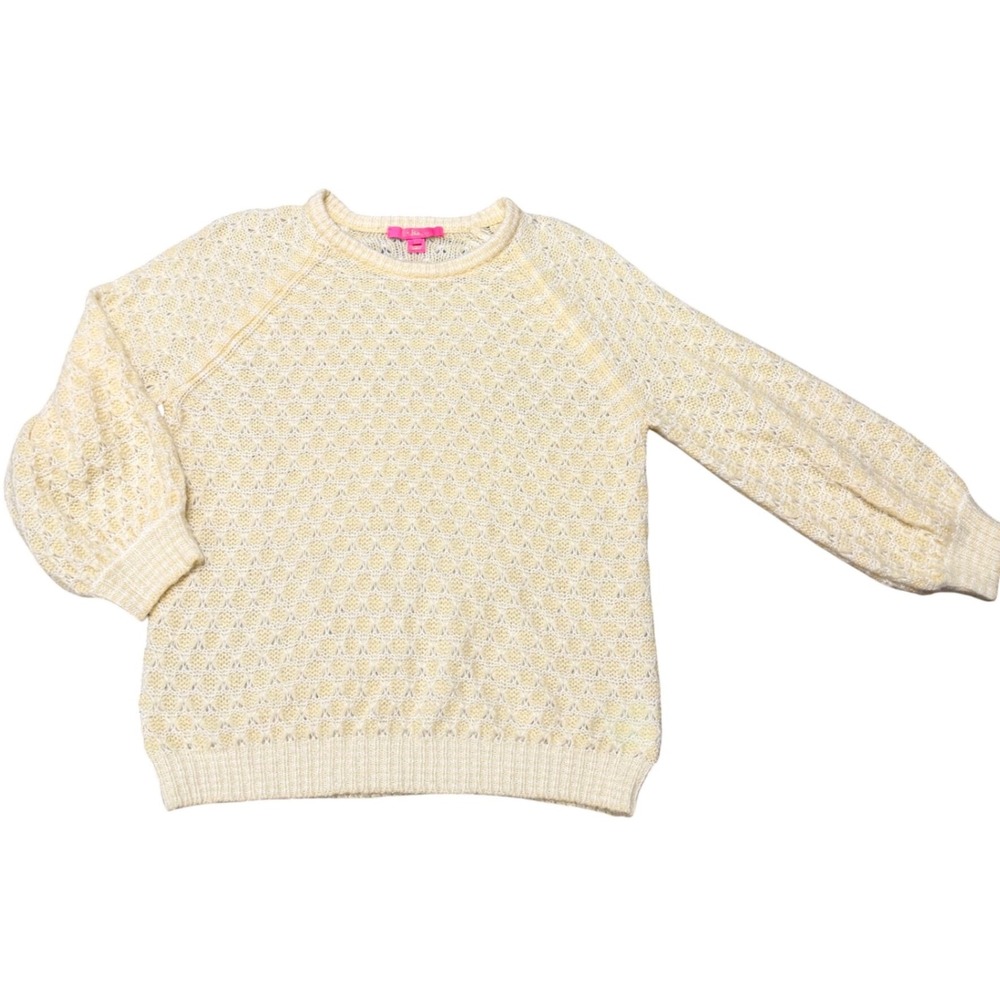 Lilly Pulitzer Corabelle Sweater L Yellow Honeycomb Open Knit Wool Blend preppy